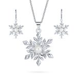 Holiday Pendant Necklace & Pearl Snowflake Earrings Jewelry Set Silver Plated