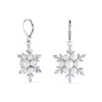 Holiday Pendant Necklace & Pearl Snowflake Earrings Jewelry Set Silver Plated - Image 2