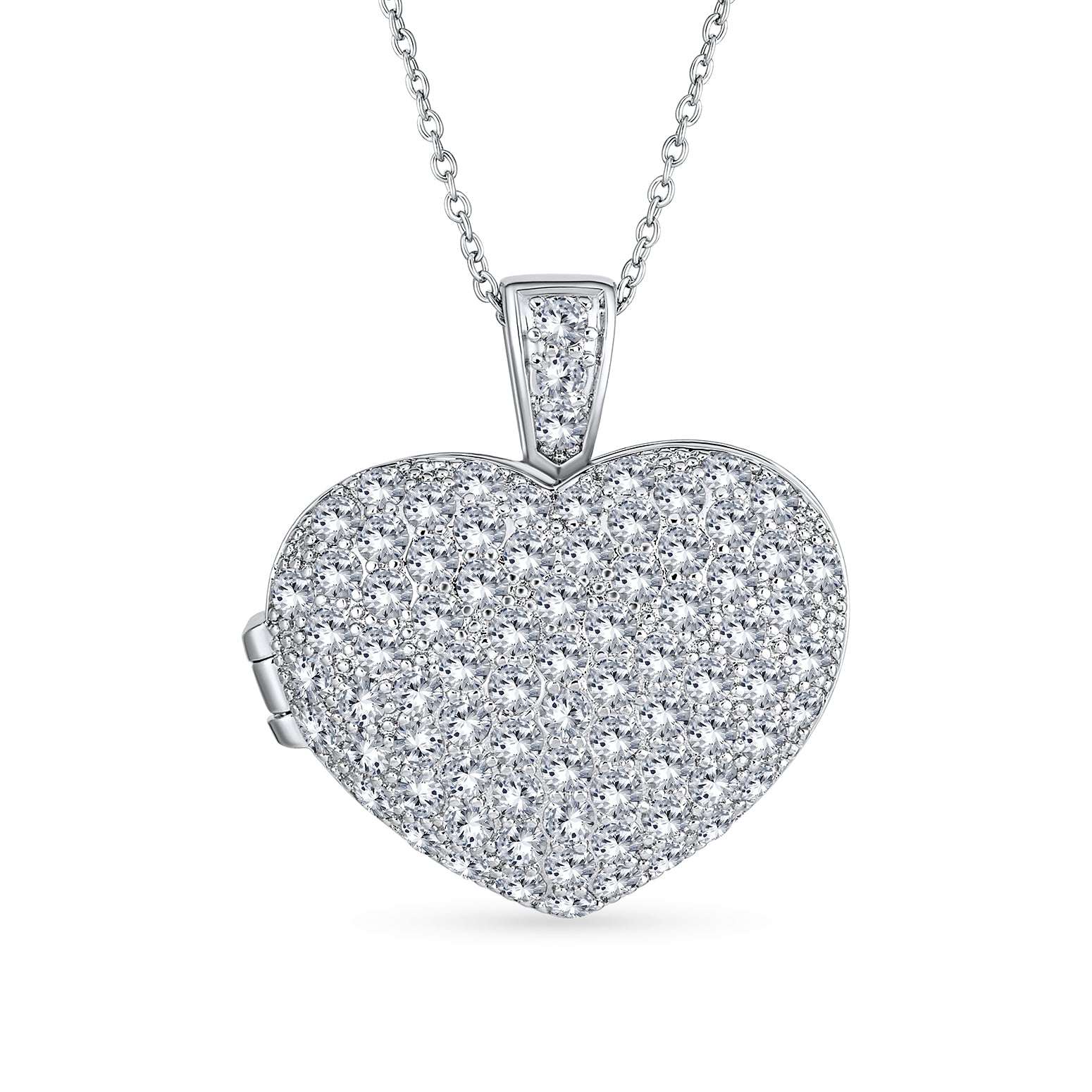 silver-pendant-heart-locket-cz_hsh-hsp14030-az_1 Keepsake Pave CZ Aromatherapy & Photo Large Puff Heart Shape Locket Pendant Necklace Sterling Silver - Image 1