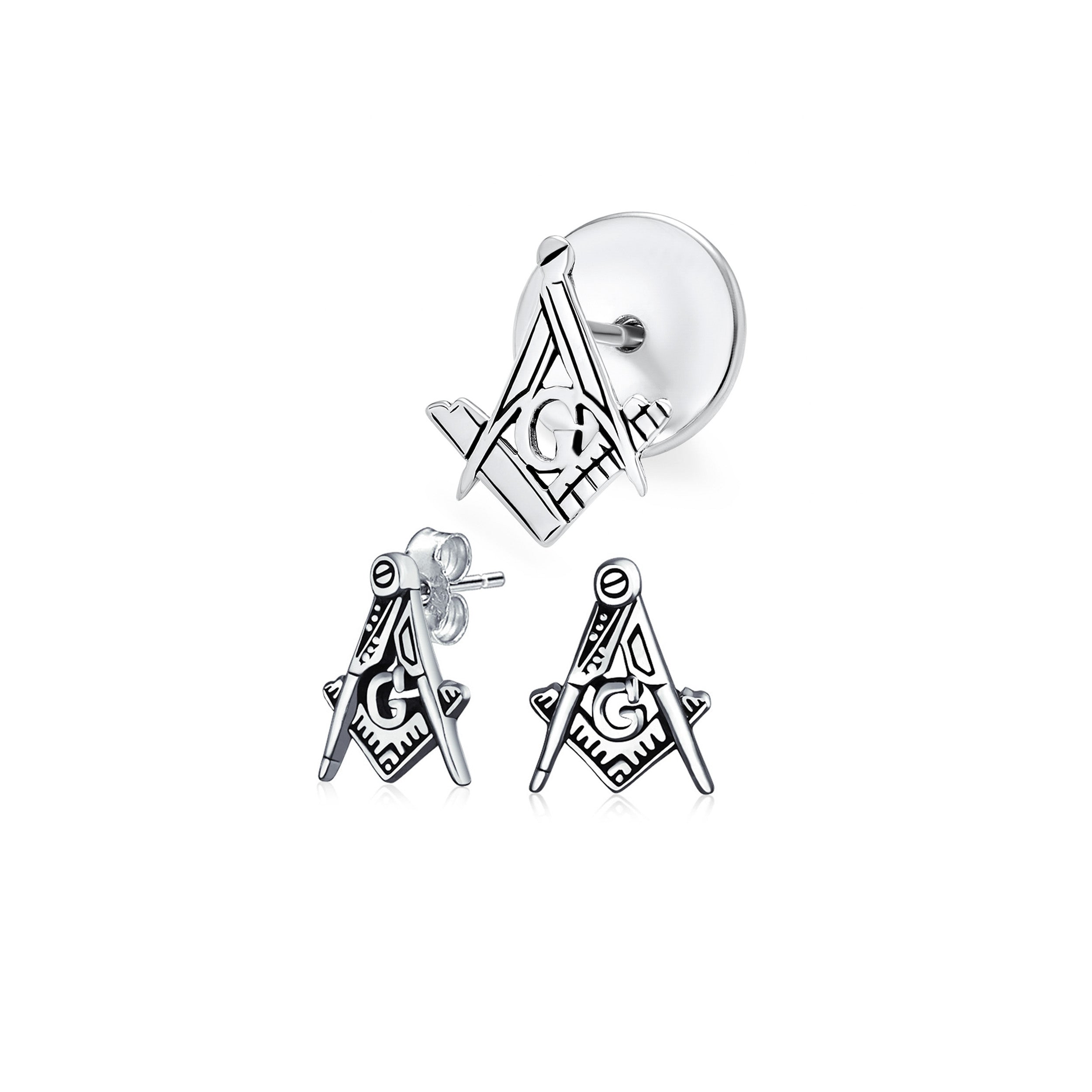 silver-pin-freemason-g-brooch-pmr-s11093-set-az Set of 2 Tiny Masonic Freemason Stud Earrings and Brooch Pin Oxidized Silver - Image 1