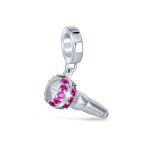 Music Lover Microphone Pink CZ Dangle Charm Bead Sterling Silver for Bracelet