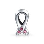 Pink Ribbon Breast Cancer Survivor Support CZ Charm Bead .925 Sterling Silver for Bracelet