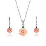 3D Pink Rose Green CZ Pendant Necklace & Lever back Dangle Earrings Set Silver