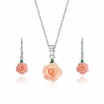 3D Pink Rose Green CZ Pendant Necklace & Lever back Dangle Earrings Set Silver