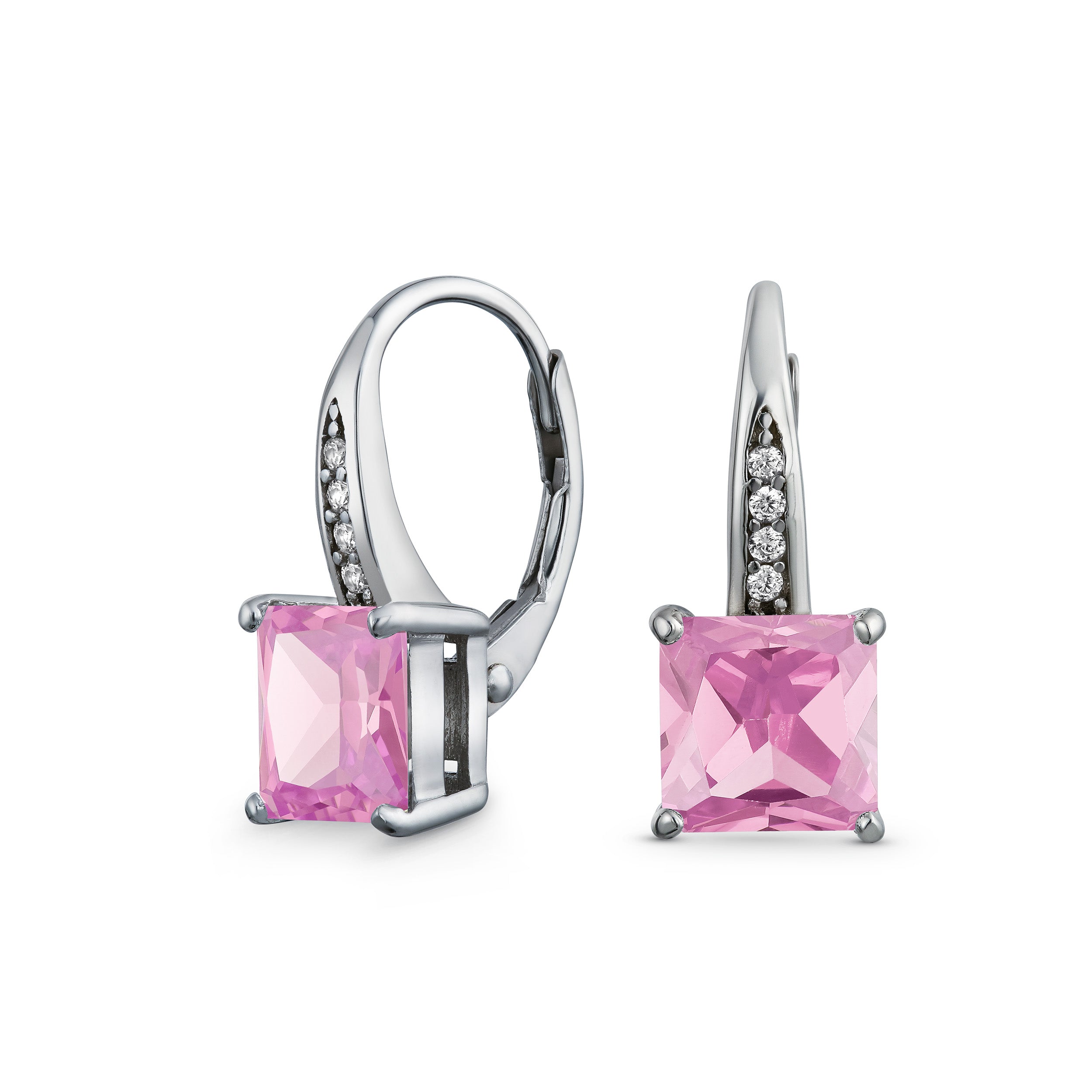 silver-pink-square-earrings-dangle-oa-21ola3080pk_11 2CT Imitation Pink Tourmaline Solitaire Square CZ Drop Earrings Silver - Image 1