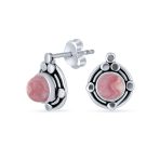 Leaf Motif Bezel Set Gemstone Pink Rhodochrosite Round Stud Earrings .925 Sterling Silver