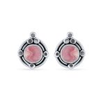 Leaf Motif Bezel Set Gemstone Pink Rhodochrosite Round Stud Earrings .925 Sterling Silver - Image 2