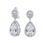 Large Teardrop Pave CZ Halo Statement Dangle Clip On Earrings Gold Plated - Image 3