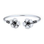 Bali Floral Style Plumeria Flower Stacking Bangle Cuff Bracelet Oxidized .925 Sterling Silver
