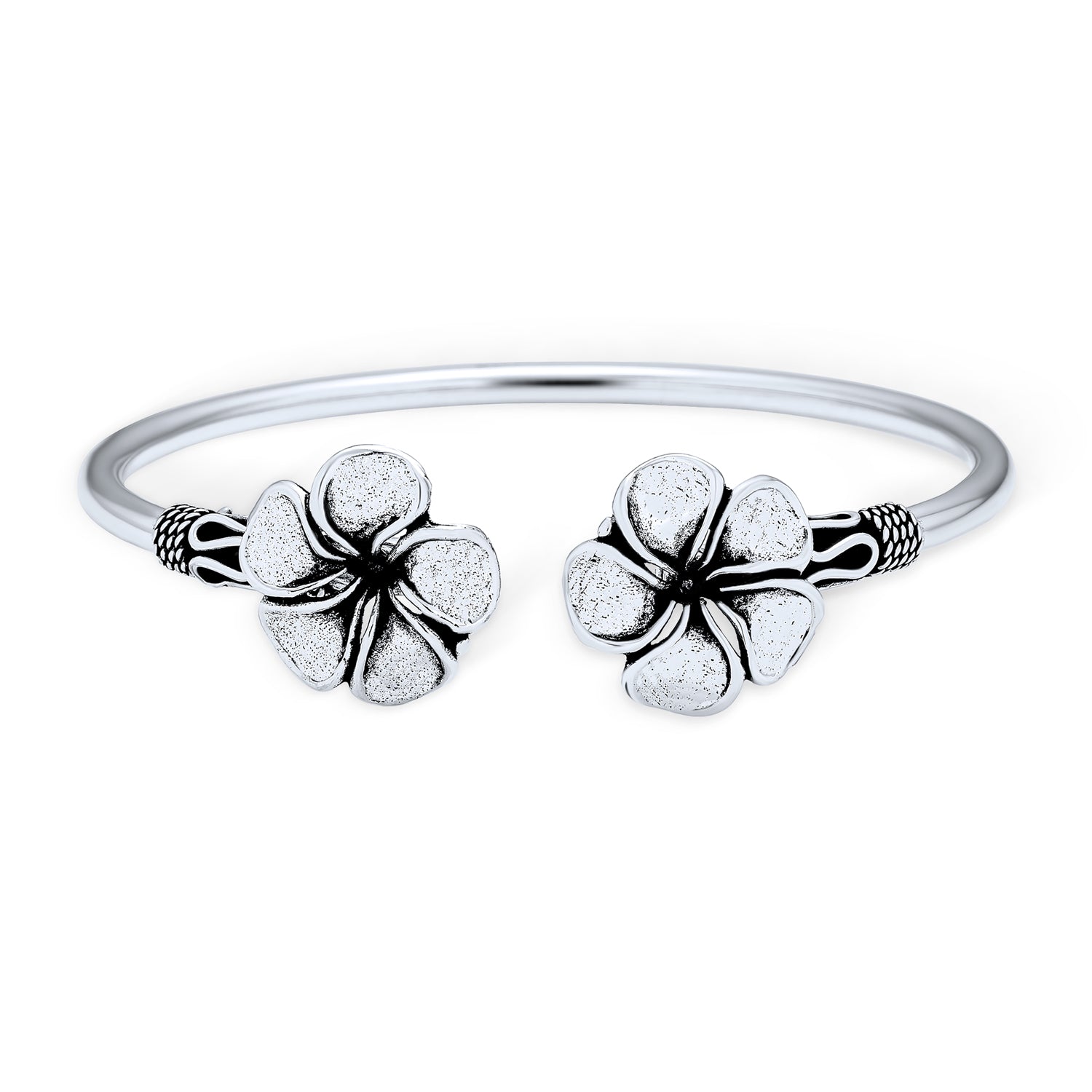 silver-plumeria-flower-bracelet-bangle_sstr-bgplm_1 Bali Floral Style Plumeria Flower Stacking Bangle Cuff Bracelet Oxidized .925 Sterling Silver - Image 1