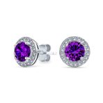 Round Solitaire Halo Purple CZ Stud Earrings.925 Sterling Silver 8MM - Image 3