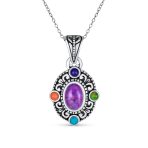 Southwest Style Oval Cabochon Multicolor Purple Turquoise Medallion Pendant Necklace Oxidized Sterling Silver