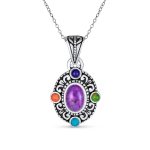 Southwest Style Oval Cabochon Multicolor Purple Turquoise Medallion Pendant Necklace Oxidized Sterling Silver