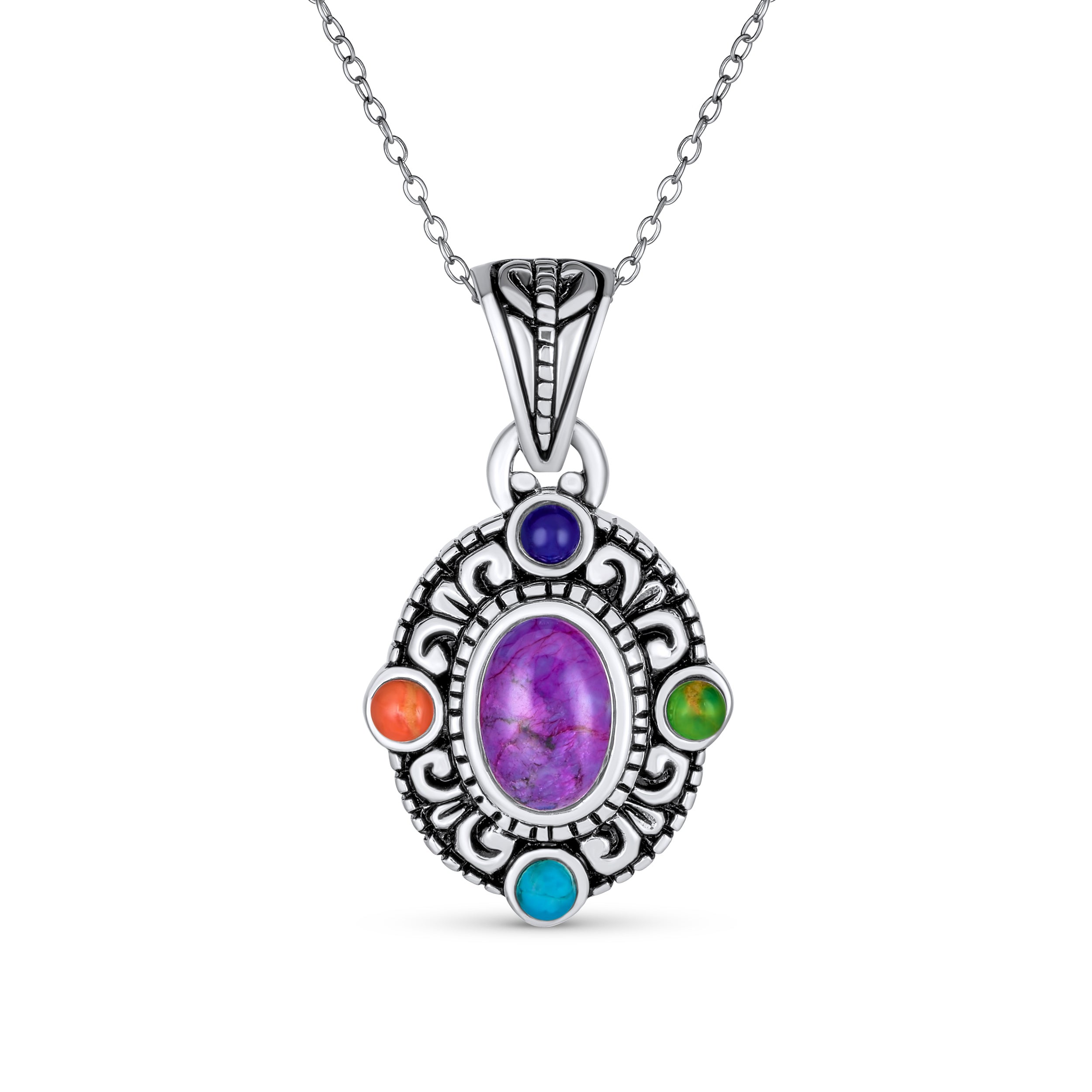 silver-purple-coral-lapis-pendant_nk-ps-0234-az_1 Southwest Style Oval Cabochon Multicolor Purple Turquoise Medallion Pendant Necklace Oxidized Sterling Silver - Image 1