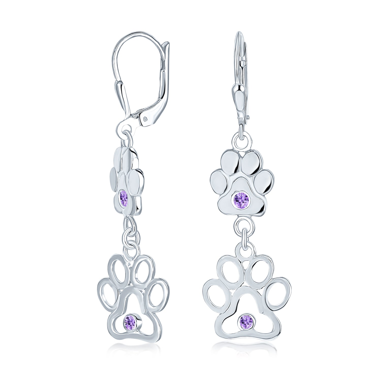 silver-purple-cz-paw-dangle-earrings-srn-s100449ebt_1 BFF Animal Lover Paw Print Dangle Chandelier Earrings Silver - Image 1