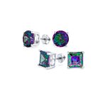 Set of 2 Round & Square Mystic Rainbow CZ Stud Earrings Silver Screw Back 10MM