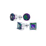 Set of 2 Round & Square Mystic Rainbow CZ Stud Earrings Silver Screw Back 10MM