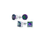 Set of 2 Round & Square Mystic Rainbow CZ Stud Earrings Silver Screw Back 10MM - Image 2
