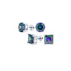 Set of 2 Round & Square Mystic Rainbow CZ Stud Earrings Silver Screw Back 10MM - Image 3