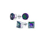 Set of 2 Round & Square Mystic Rainbow CZ Stud Earrings Silver Screw Back 10MM - Image 5