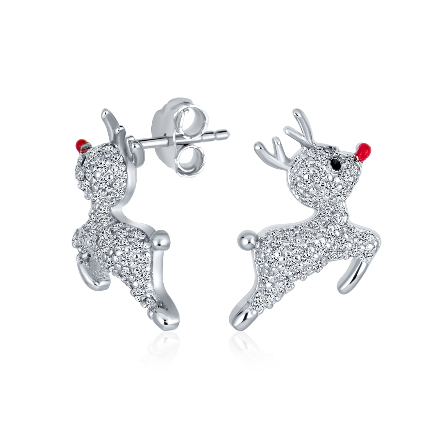 silver-raindeer-rudolph-cz-stud-earrings-mdr-4037e-033_1 Delicate CZ Stud Earrings: Sterling Silver Rudolph Reindeer with Red Nose - Image 1