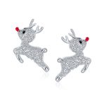 Delicate CZ Stud Earrings: Sterling Silver Rudolph Reindeer with Red Nose - Image 2