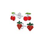 Set of 2 Small Summer Fruit Red Strawberry Cherry Stud Earrings Sterling Silver