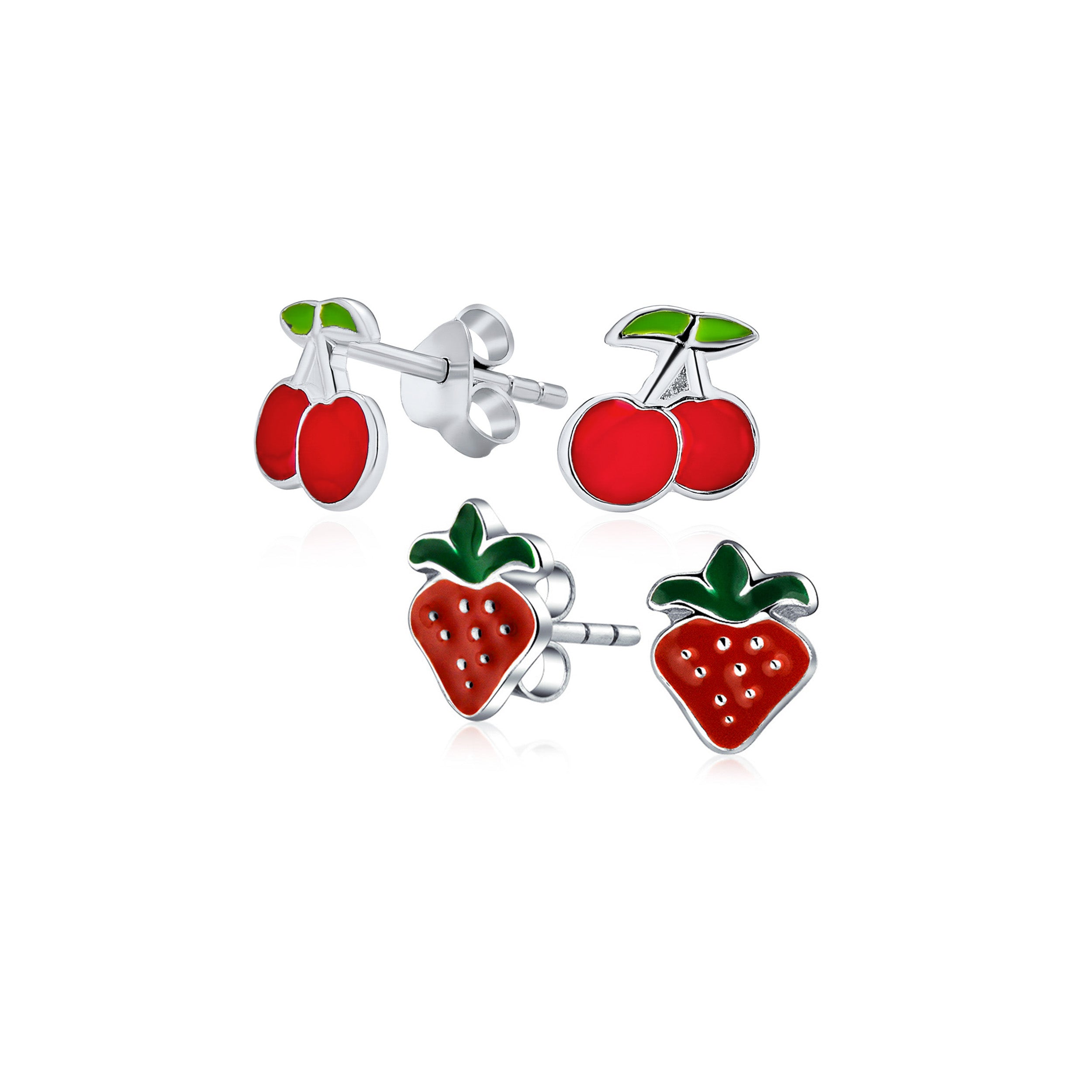 silver-red-cherry-stud-earrings-fruit-pmr-s20079-set-az Set of 2 Small Summer Fruit Red Strawberry Cherry Stud Earrings Sterling Silver - Image 1