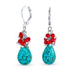 Boho Dangle Gemstone Earrings Coral Turquoise Teardrop