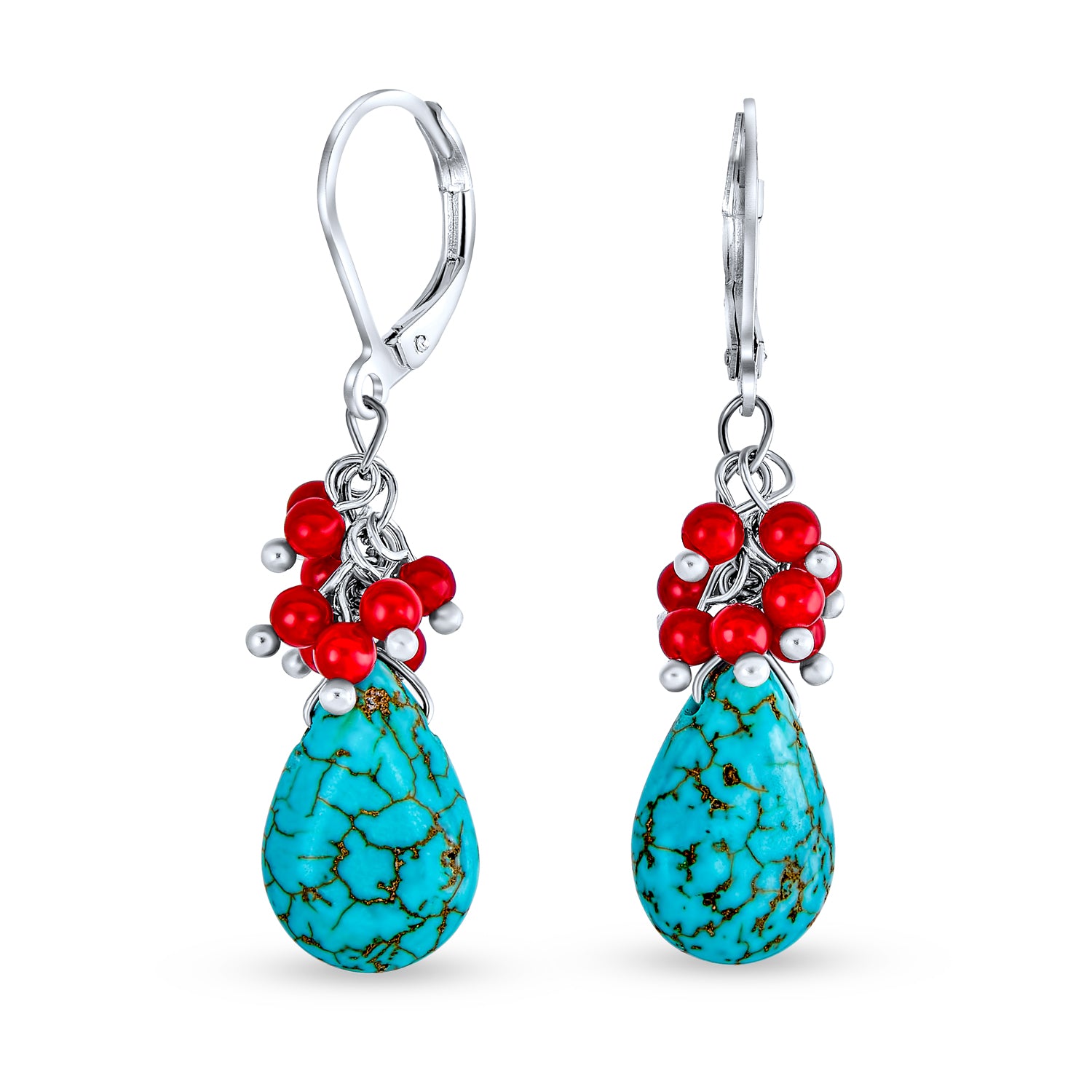silver-red-turquoise-dangle-earrings-yp-gem0105-e_1 Boho Dangle Gemstone Earrings Coral Turquoise Teardrop - Image 1