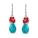 Boho Dangle Gemstone Earrings Coral Turquoise Teardrop - Image 2