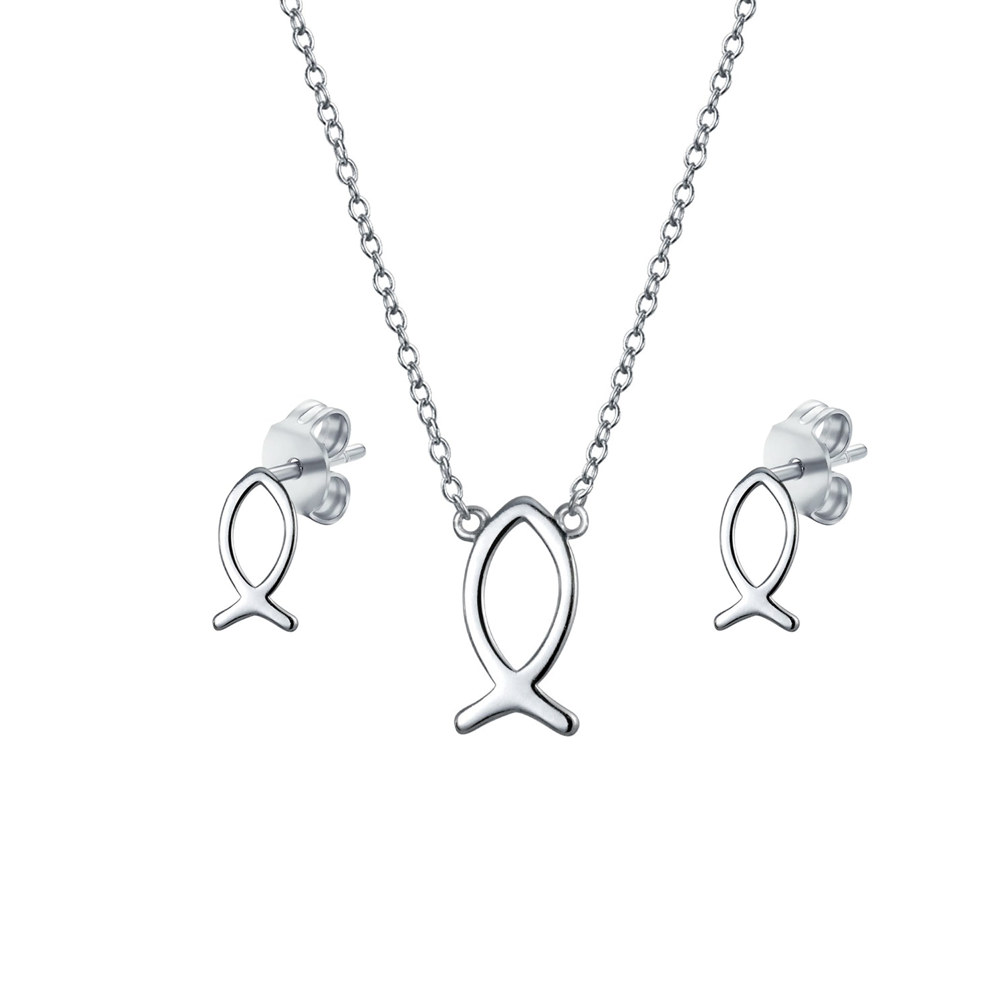 silver-religious-fish-pendant-necklace_pfs-15-0725s-az11 Dainty Ichthys Pendant Necklace & Stud Earrings - Sterling Silver Jewelry Set - Image 1