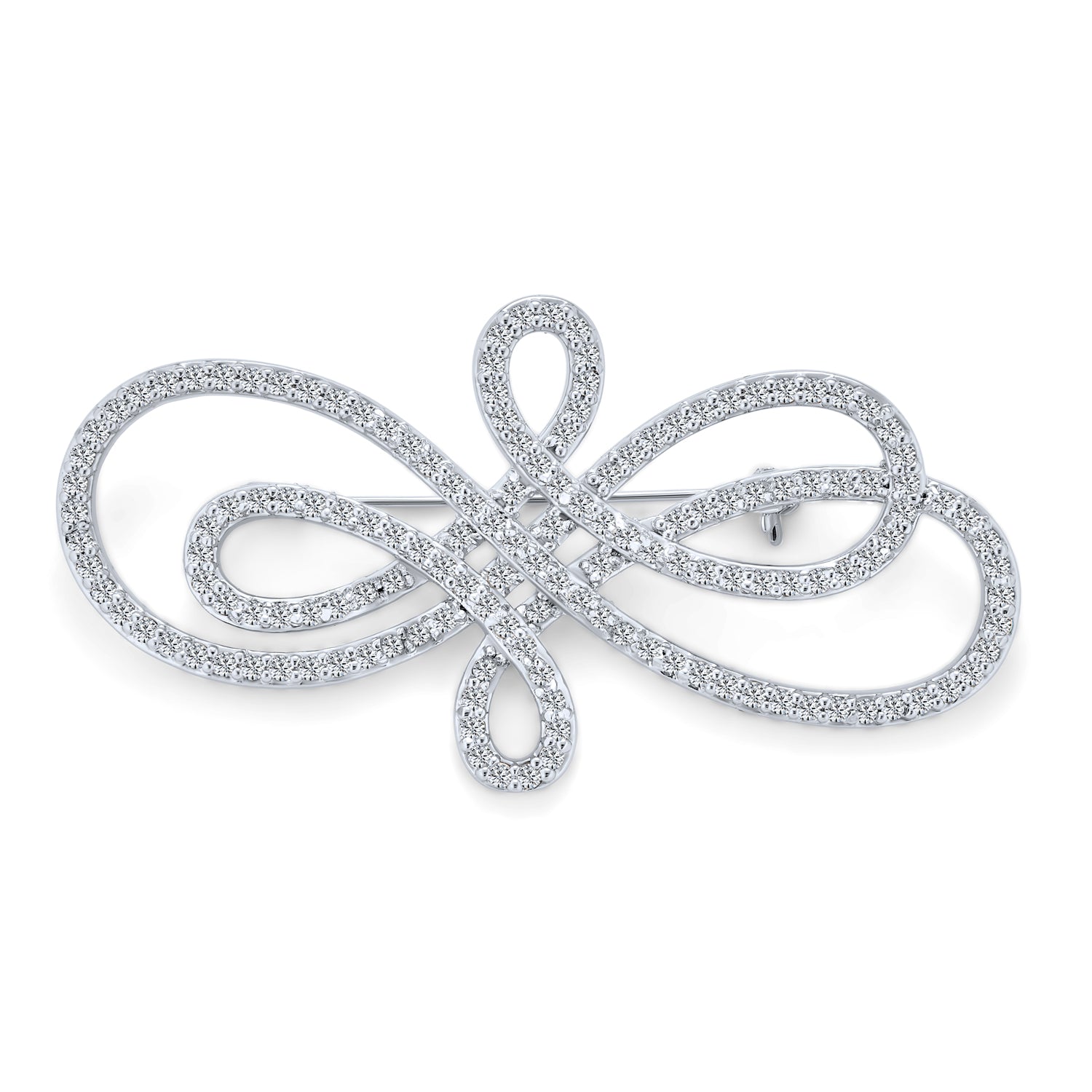 silver-rhodium-brooch-pin-cz-bridal_sf-020168r_1 Fashion Statement Large Swirl Cubic Zirconia Art Deco Style Infinity Brooch Scarf Pin Silver Plated - Image 1