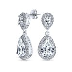 Cocktail Cubic Zirconia CZ Double Solitaire Teardrop Dangle Earrings Gold Plated
