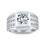 3 Row Pave Band with 3CT Cubic Zirconia CZ Solitaire Statement Ring Silver Plated - Image 3