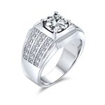 3 Row Pave Band with 3CT Cubic Zirconia CZ Solitaire Statement Ring Silver Plated