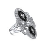 Art Deco Black White CZ Filigree Statement Full Finger Ring Silver Plated