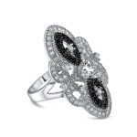 Art Deco Black White CZ Filigree Statement Full Finger Ring Silver Plated