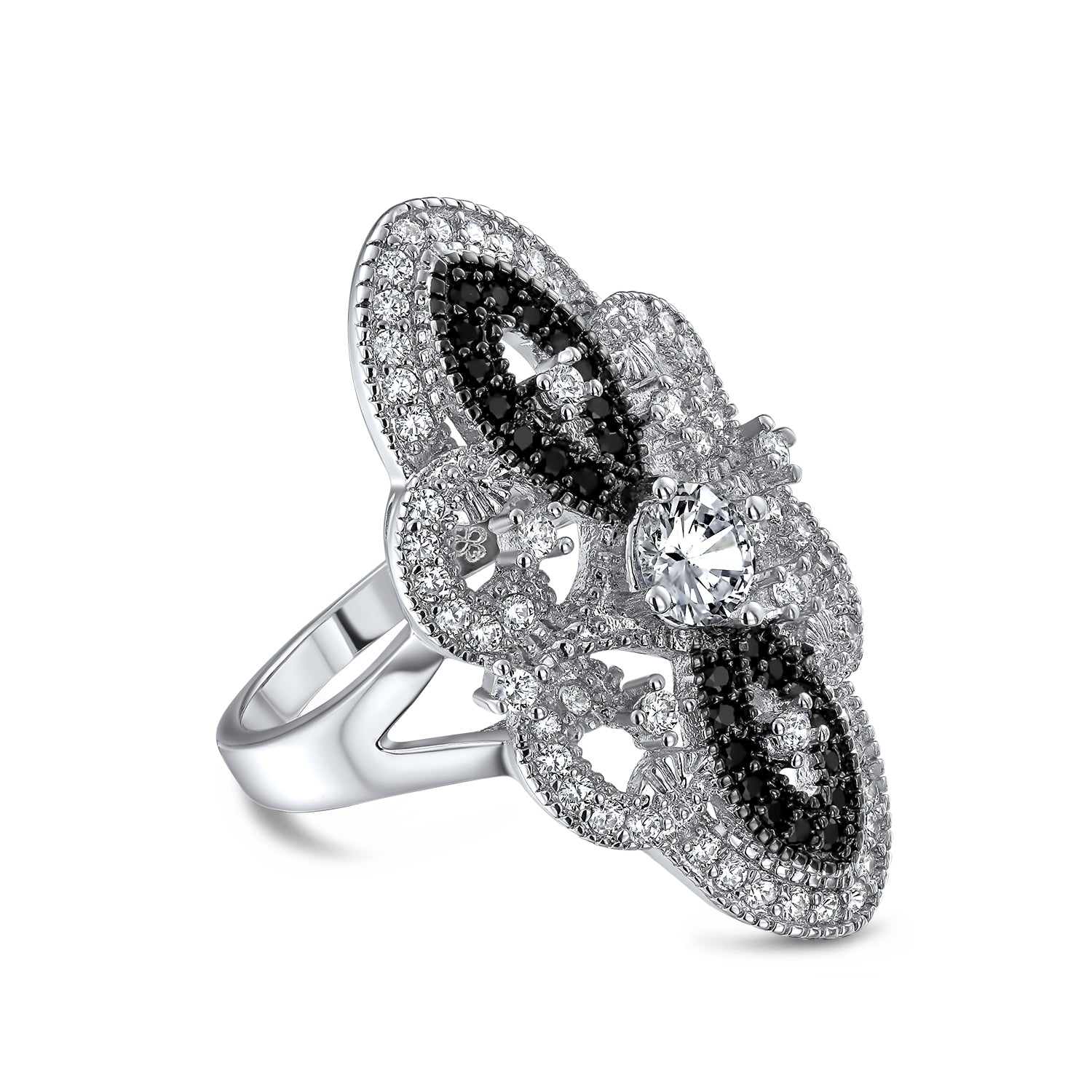 silver-ring-filigree-armour-deco_shn-kr5033_1 Art Deco Black White CZ Filigree Statement Full Finger Ring Silver Plated - Image 1