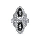 Art Deco Black White CZ Filigree Statement Full Finger Ring Silver Plated - Image 2