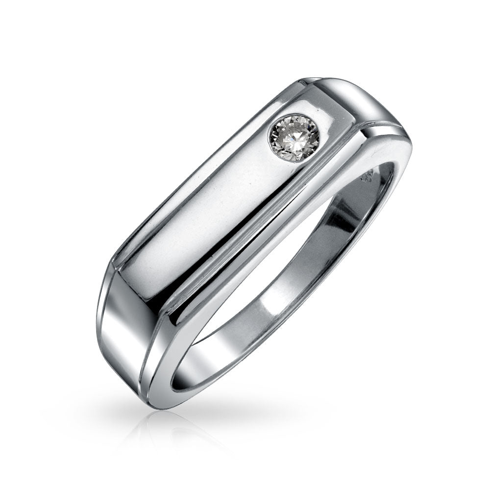 silver-ring-flat-cz Geometric Pave CZ Mens Stainless Steel Rectangle Signet Wedding Band Ring - Image 1