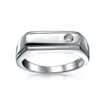Geometric Pave CZ Mens Stainless Steel Rectangle Signet Wedding Band Ring - Image 2