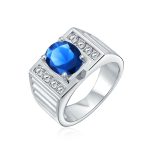 Mens Stainless Steel Hip Hop Micro Pave Halo Blue Oval CZ Engagement Ring - Image 2