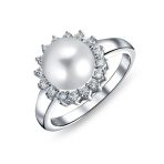 Classic White Faux Pearl Cocktail Ring CZ Halo Solitaire White .925 Sterling Silver