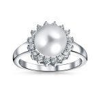 Classic White Faux Pearl Cocktail Ring CZ Halo Solitaire White .925 Sterling Silver - Image 2