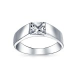 Modern Simple CZ Square Cubic Zirconia Princess Cut Engagement Ring .925 Sterling Silver Plain Band
