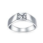 Modern Simple CZ Square Cubic Zirconia Princess Cut Engagement Ring .925 Sterling Silver Plain Band