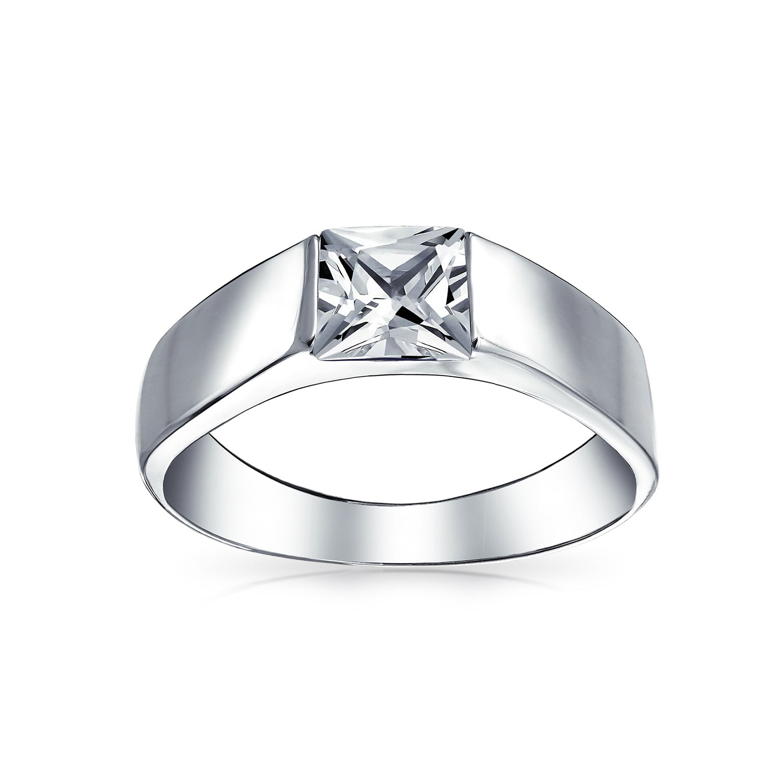 silver-ring-princess-engagement-band-unisex_y-r11_001 Modern Simple CZ Square Cubic Zirconia Princess Cut Engagement Ring .925 Sterling Silver Plain Band - Image 1