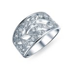 Pave Cubic Zirconia Open Filigree Wide Leaves Leaf Band Ring Sterling Silver