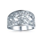 Pave Cubic Zirconia Open Filigree Wide Leaves Leaf Band Ring Sterling Silver - Image 2